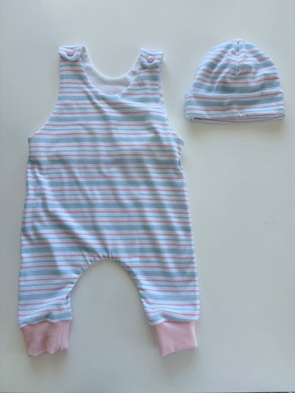 Pastel Pink & Blue Striped Romper & Beanie Set (3-6m)