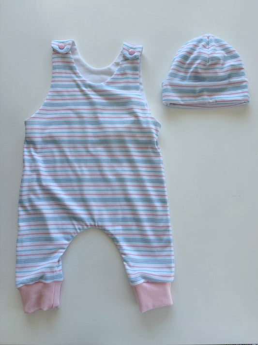 Pastel Pink & Blue Striped Romper & Beanie Set (3-6m)