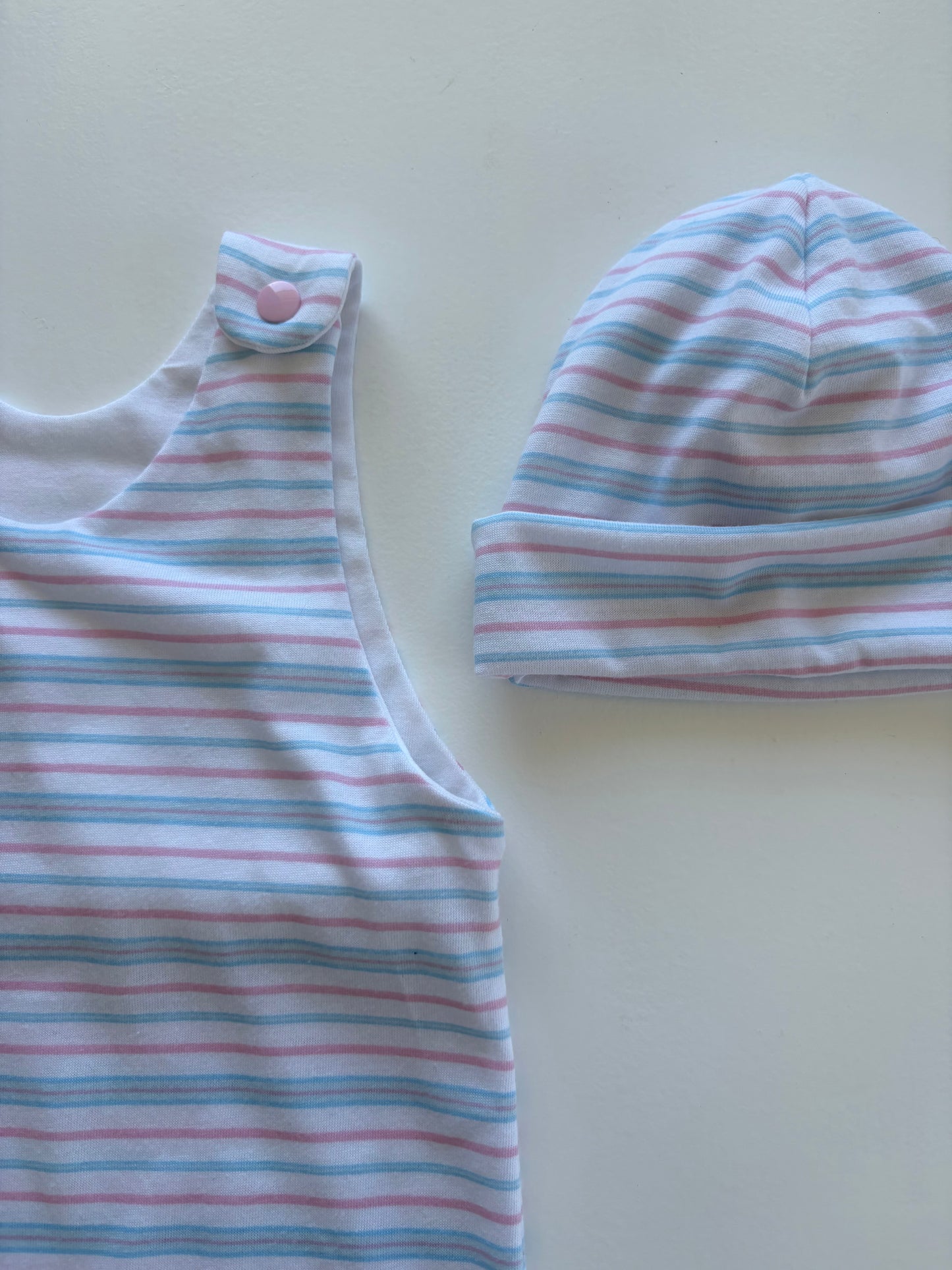Pastel Pink & Blue Striped Romper & Beanie Set (3-6m)